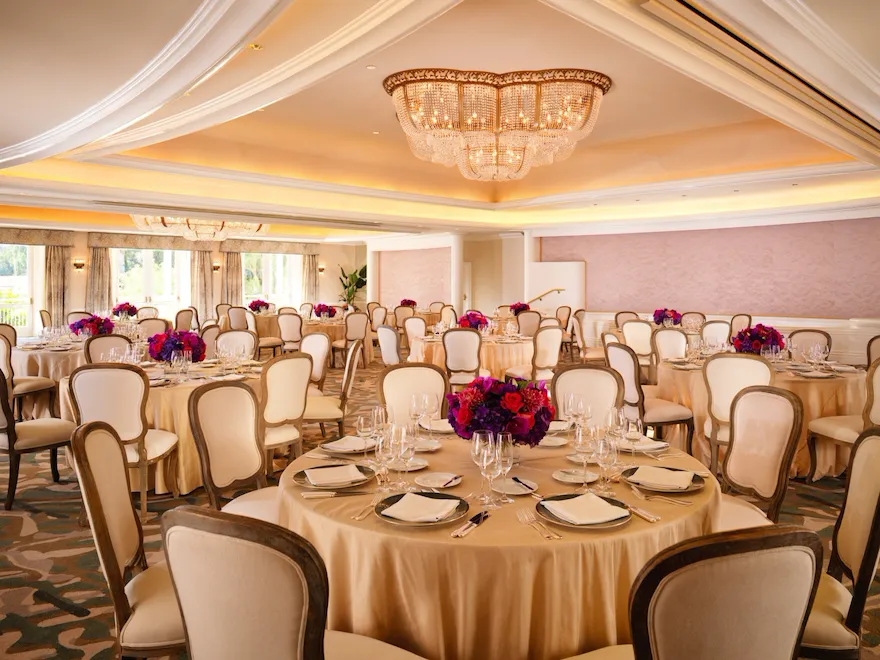 Social event set up in Rodeo Ballroom at The Beverly Hills Hotel, Los Angeles