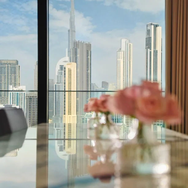 Images depicting The Lana Suite including living spaces, wardrobe and bathroom at The Lana, Dorchester Collection, Dubai.