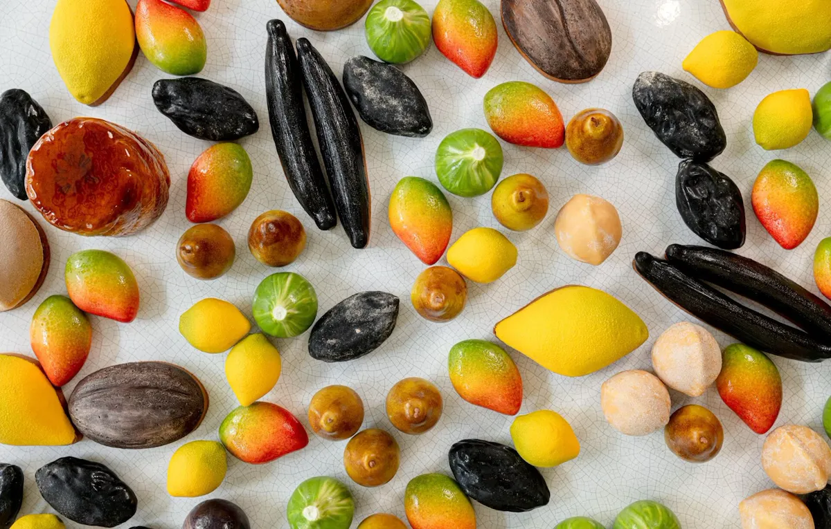 Des fruits colorés assortis, notamment des citrons, des oranges et des citrons verts, mélangés à des gousses de vanille noire, sont dispersés sur une surface claire, créant un arrangement frais et éclatant.