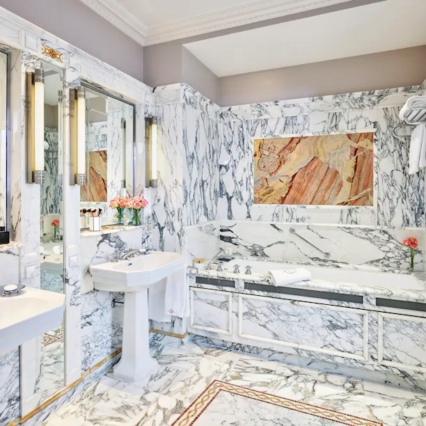 Landscape shot of the details in the bathroom of the Versailles suite at Le Meurice, Paris.