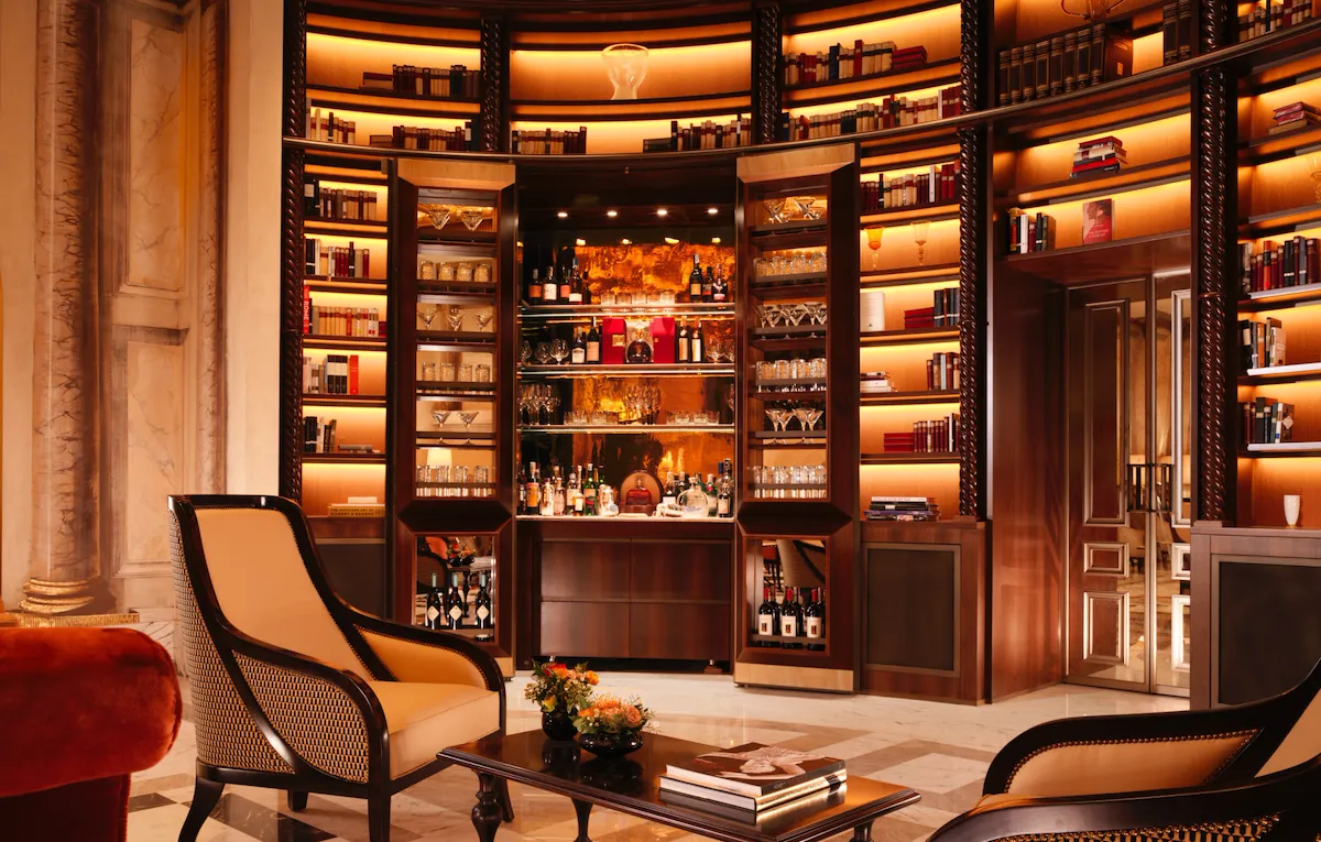 Secret bar with open doors at La Libreria lobby lounge at Hotel Eden, Rome