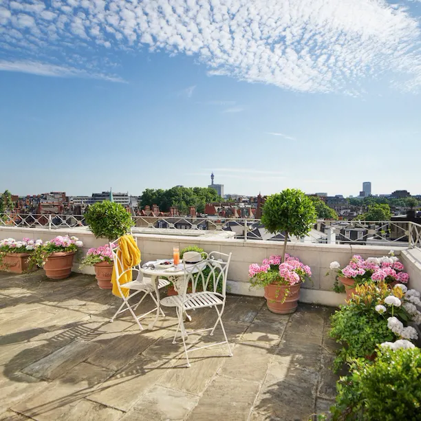 The Dorchester Oliver Messel suite terrace view with seating area