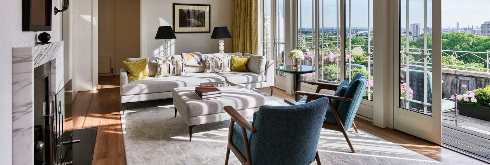 The Terrace Penthouse Living room with views of Hyde Park at The Dorchester, London