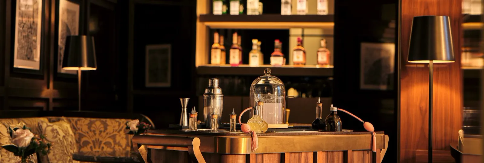 Bitter Honey bar interior with wooden drinks trolley at The Lana, Dubai