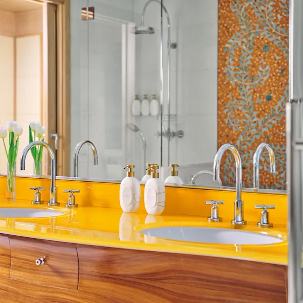 Mosaic room bathroom with yellow murble