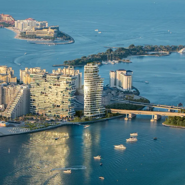 AVA at Palm Jumeirah building aerial exterior overlooking water