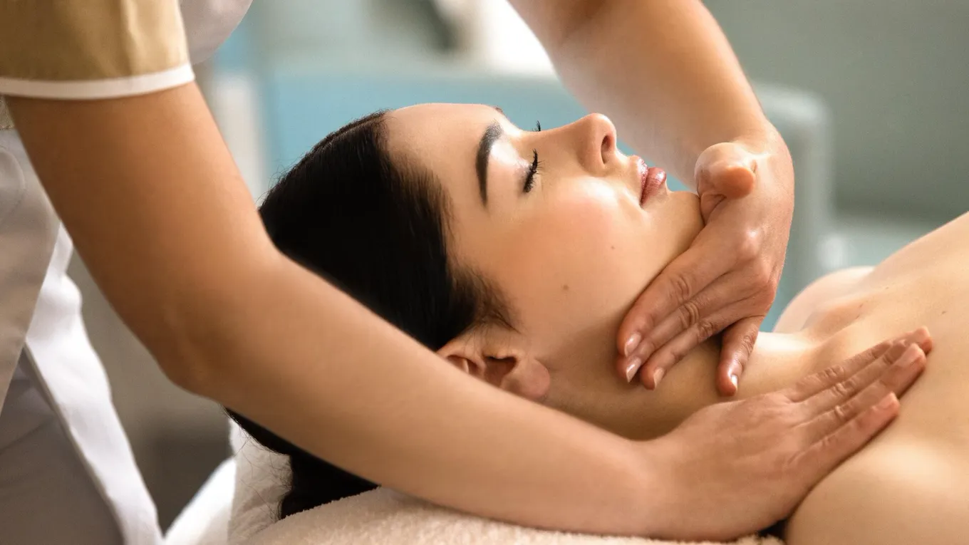 In the photo you can see a customer's head resting on a white cushion. The client is lying on the massage table. Her eyes are closed. We can see both hands and one sleeve of the masseuse's uniform. One of these hands is on the client's chin and neck. We can see the delicacy of the masseuse's hands. One of these hands is located on the client's upper chest at Le Meurice, Paris.