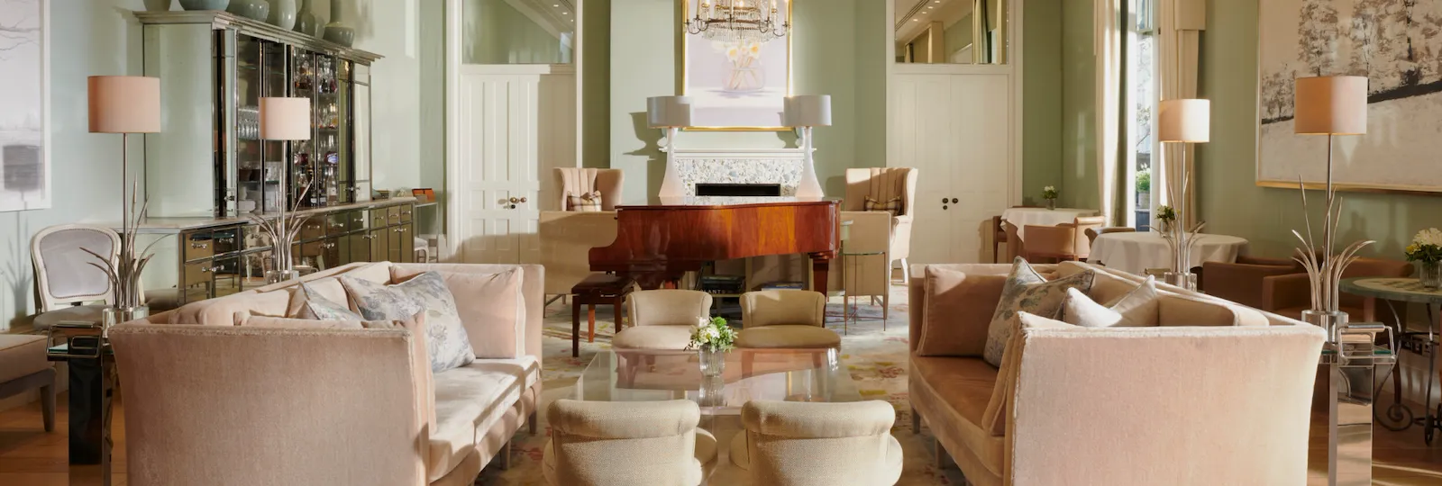 Coworth Park Drawing Room wide view of the drawing room towards the piano